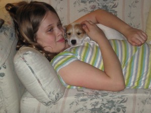 Alison cuddles with Scamp
